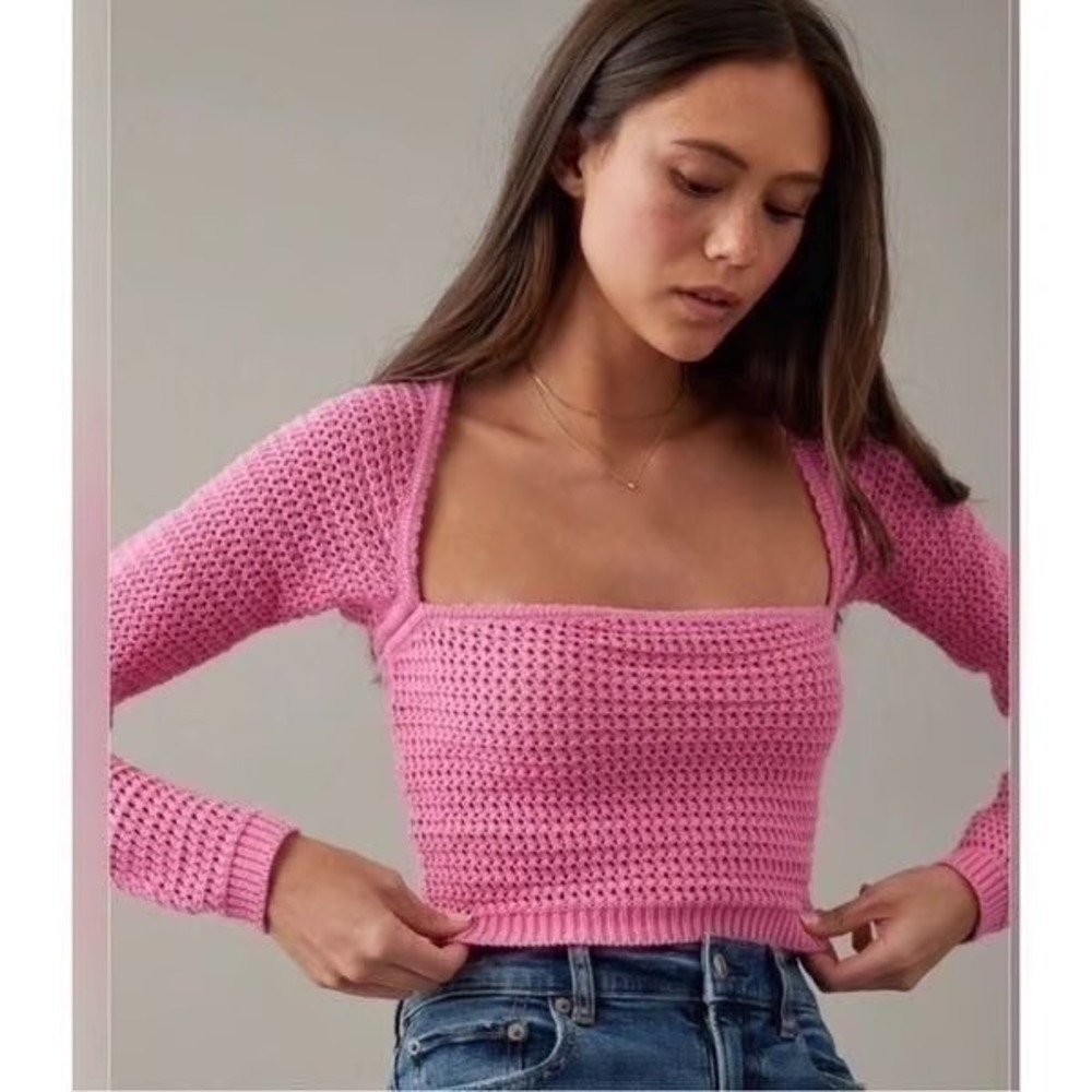 NWT American Eagle Pink Crochet Square Neck Open Back Sweater Size Medium